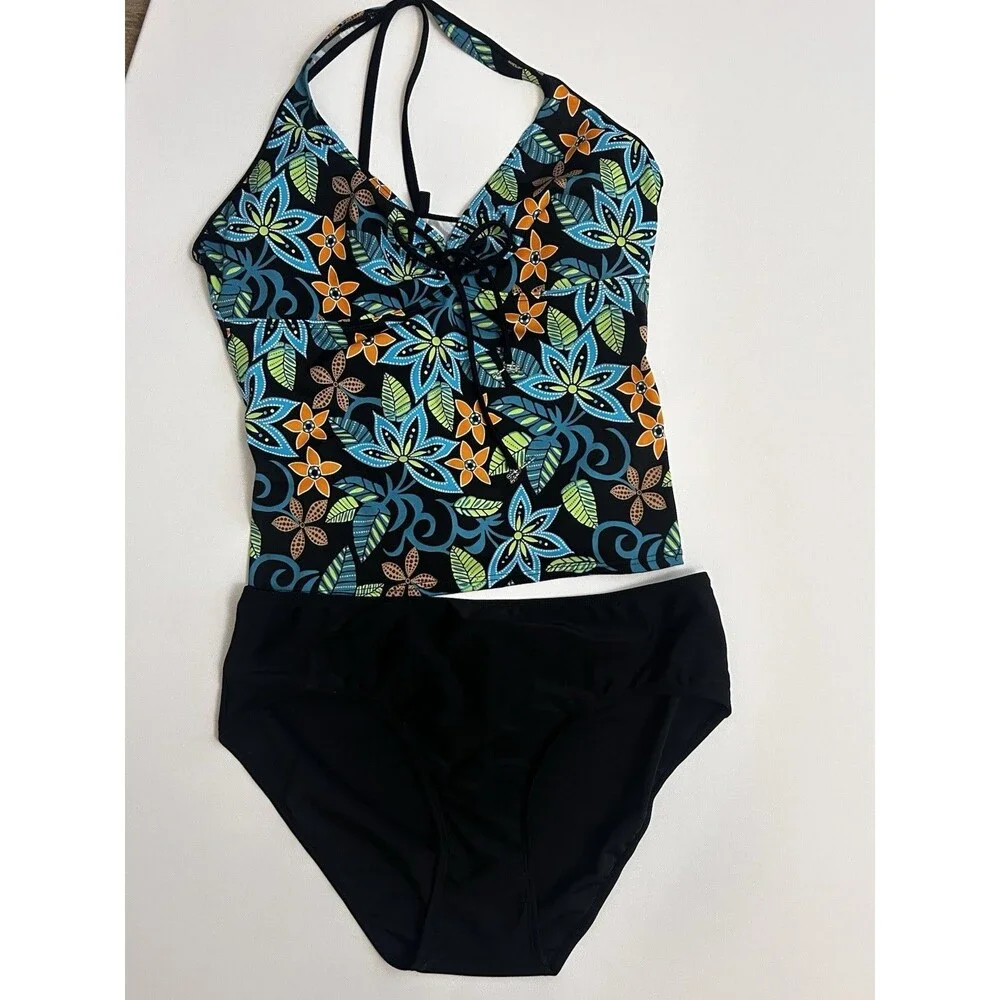 Baltex Pineapple Bay Tankini Swimsuit Size 14 Floral Black 2 Piece NWT Swim Set